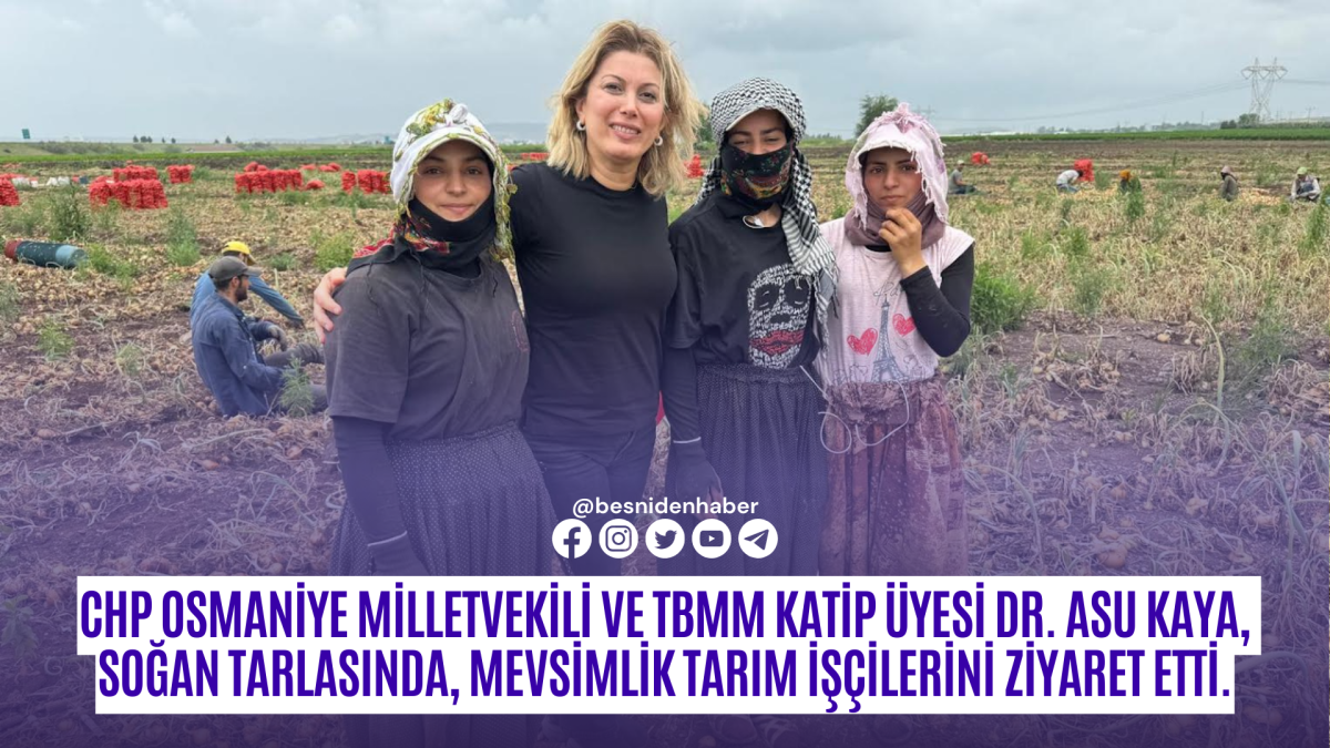 CHP Osmaniye Milletvekili ve TBMM Katip üyesi Dr. Asu Kaya, Osmaniye’de, soğan tarlasında, mevsimlik tarım işçilerini ziyaret etti.